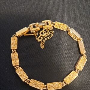 Monet Gold-Tone Rectangular Link Textured Bracelet with Safety Chain